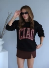 Siyah Leopar Yazı Detay Şardonlu Sweat