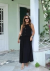 Siyah Piliseli Düğme Detay Elbise
