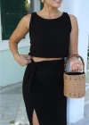 Siyah Yırtmaçlı Bel Düğüm Detay Etek Crop Takım