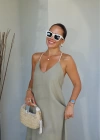 SOFT HAKİ Sırt Toka Detay Keten Elbise