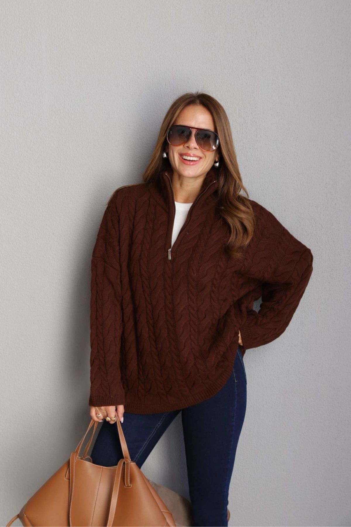 Acı Kahverengi Fermuar Detay Örgü Kazak