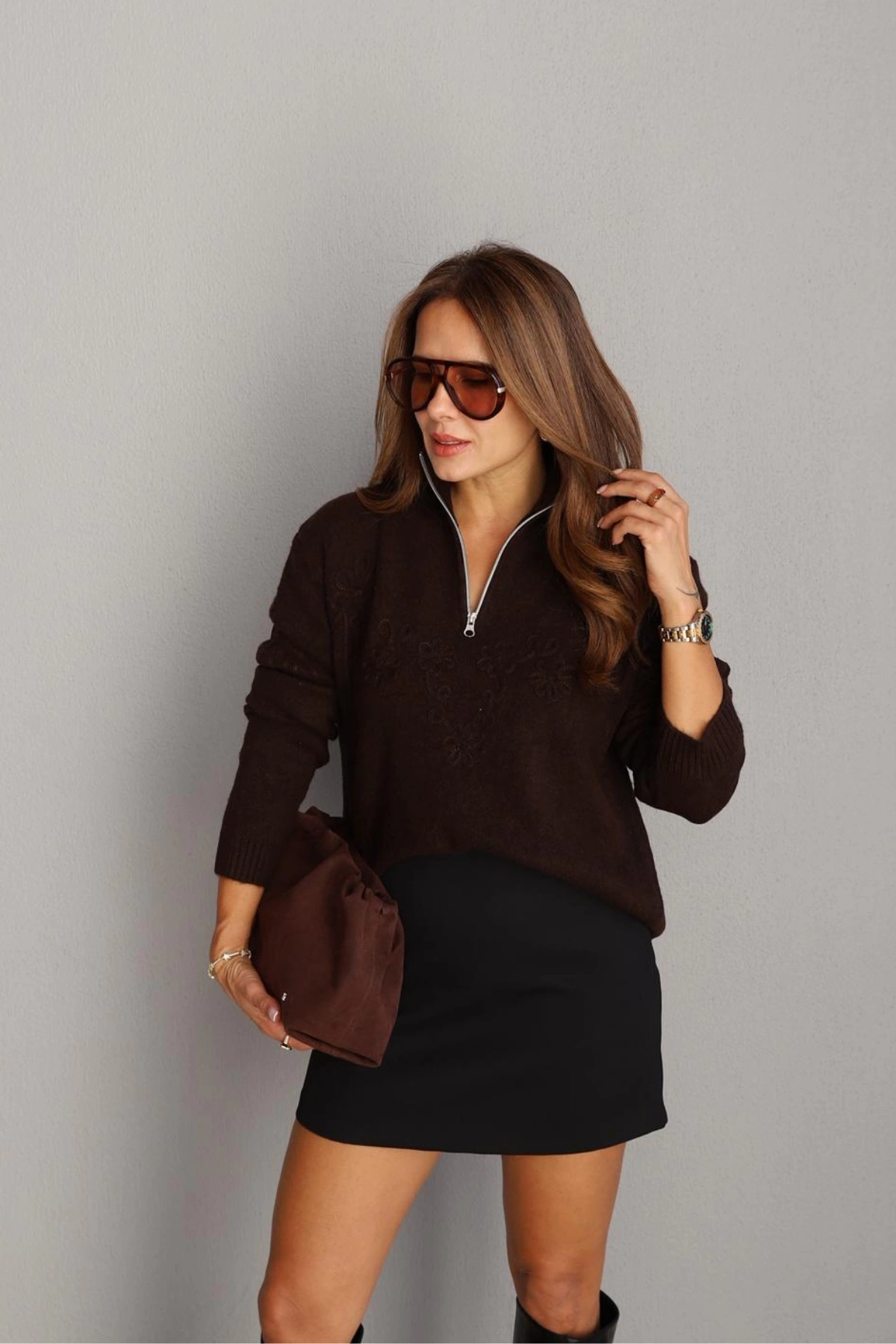 KAHVE Çiçek İşleme Detay Kazak