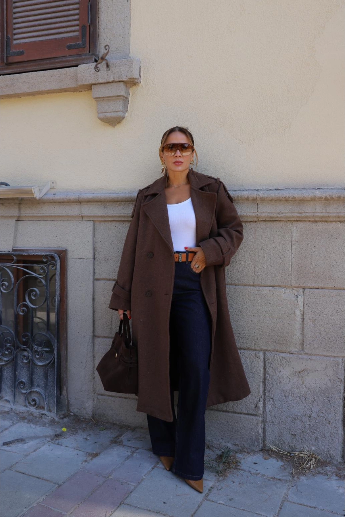 Kahverengi Oversize Kaşe Kaban
