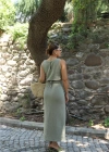 SOFT HAKİ Yırtmaçlı Bel Düğüm Detay Etek Crop Takım
