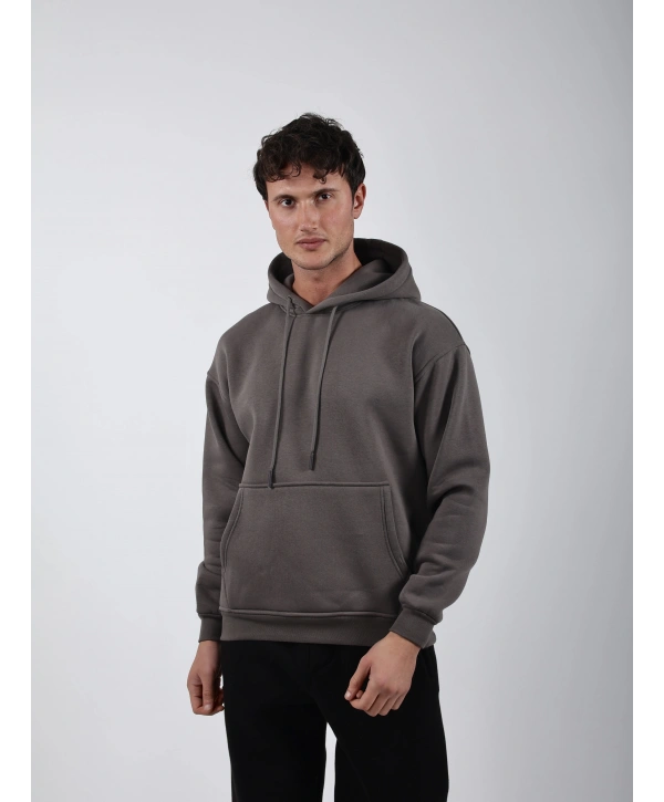 Basic Polarlı Kapşonlu Hoodie (Sweatshirt) Antrasit
