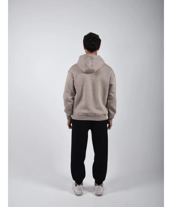 Basic Polarlı Kapşonlu Hoodie (Sweatshirt) Taş