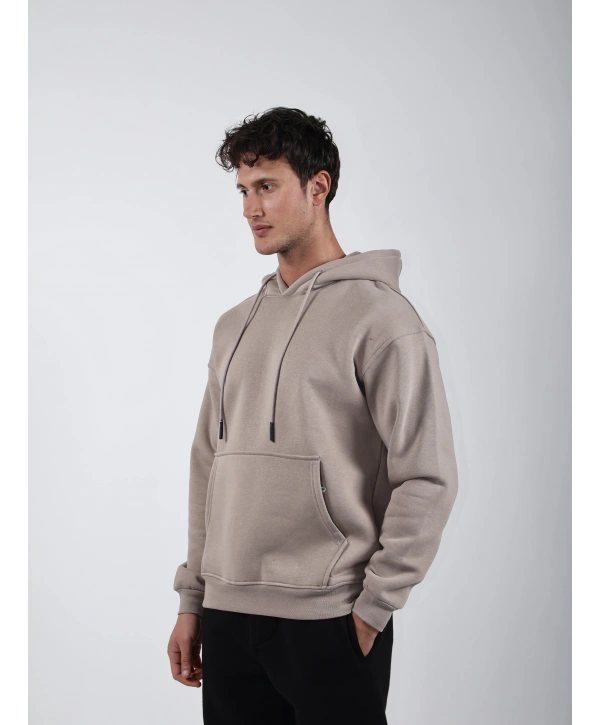 Basic Polarlı Kapşonlu Hoodie (Sweatshirt) Taş