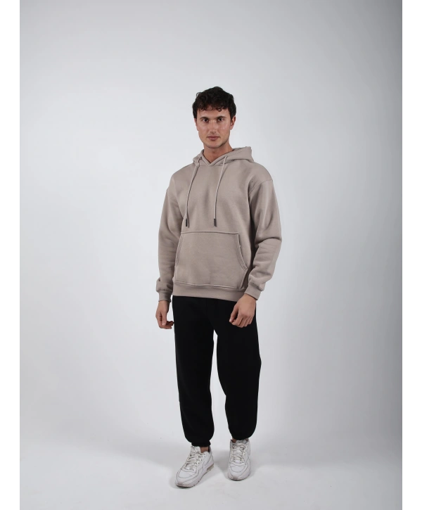 Basic Polarlı Kapşonlu Hoodie (Sweatshirt) Taş
