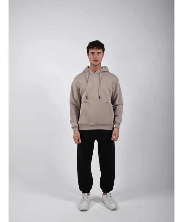 Basic Polarlı Kapşonlu Hoodie (Sweatshirt) Taş