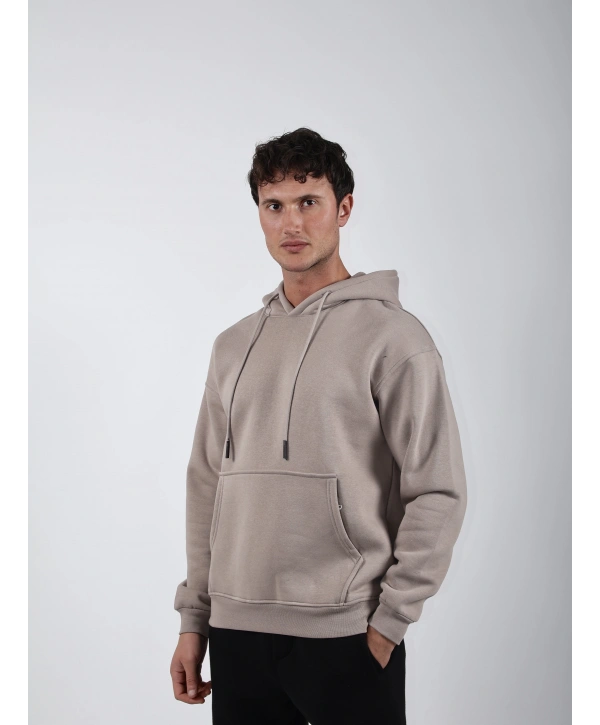 Basic Polarlı Kapşonlu Hoodie (Sweatshirt) Taş