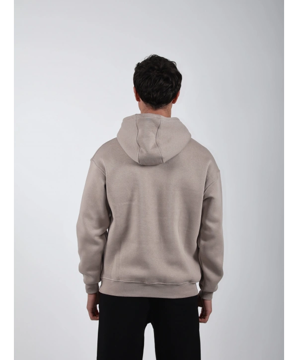 Basic Polarlı Kapşonlu Hoodie (Sweatshirt) Taş