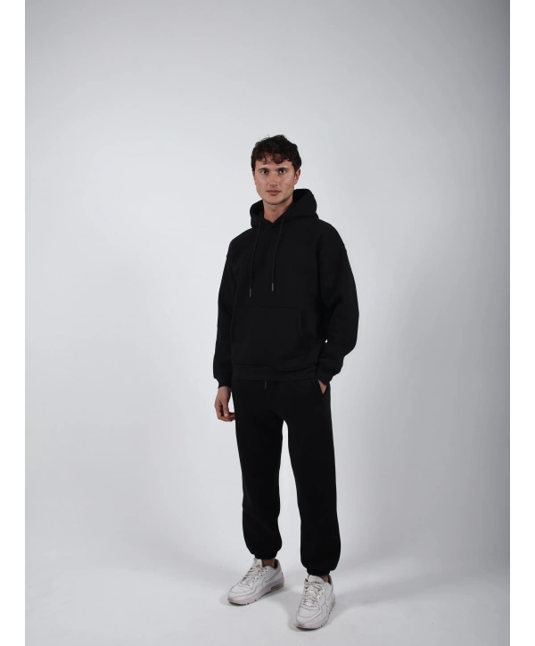 Basic Polarlı Kapşonlu Hoodie (Sweatshirt) Siyah