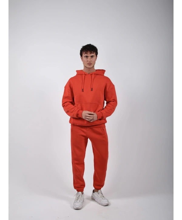 Basic Polarlı Kapşonlu Hoodie (Sweatshirt) Turuncu