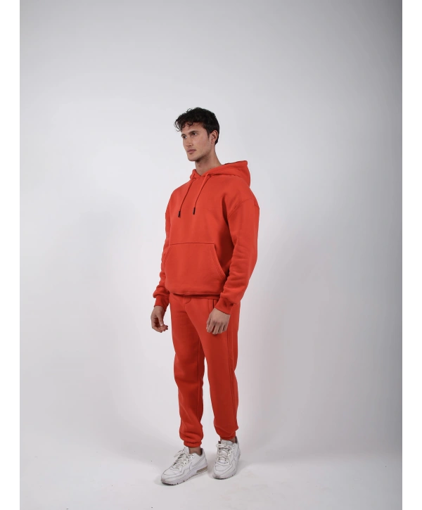 Basic Polarlı Kapşonlu Hoodie (Sweatshirt) Turuncu
