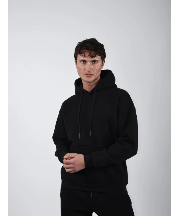 Basic Polarlı Kapşonlu Hoodie (Sweatshirt) Siyah