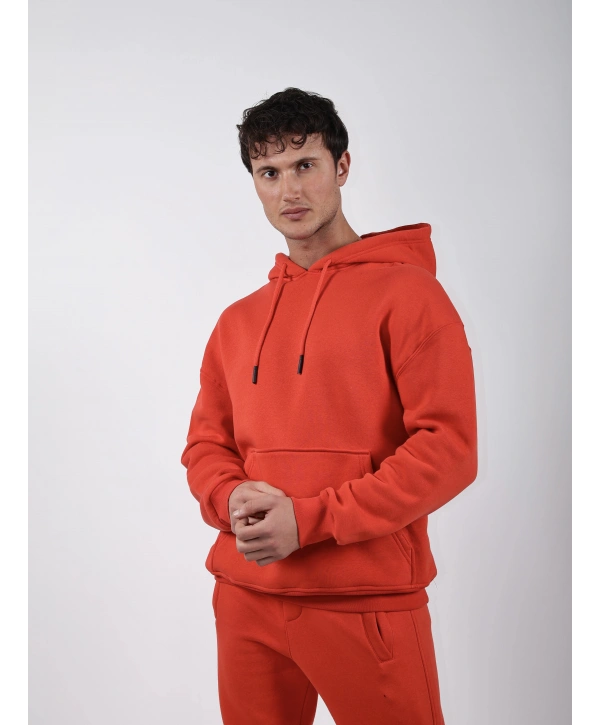 Basic Polarlı Kapşonlu Hoodie (Sweatshirt) Turuncu