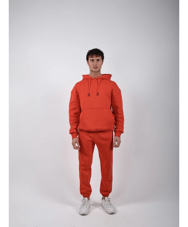 Basic Polarlı Kapşonlu Hoodie (Sweatshirt) Turuncu