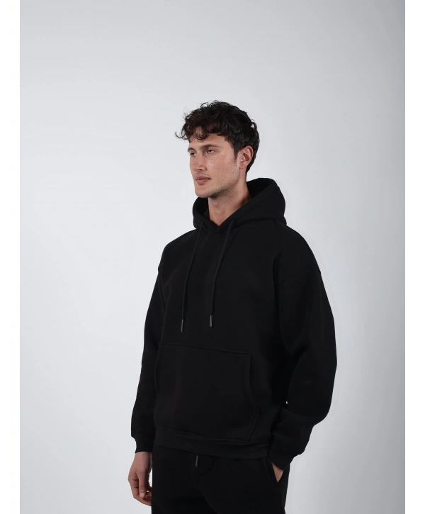Basic Polarlı Kapşonlu Hoodie (Sweatshirt) Siyah