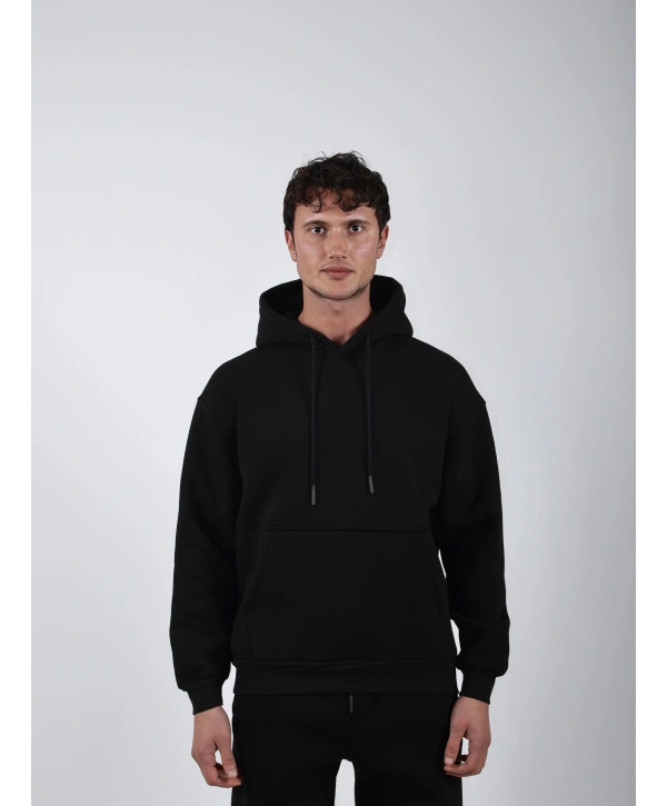 Basic Polarlı Kapşonlu Hoodie (Sweatshirt) Siyah