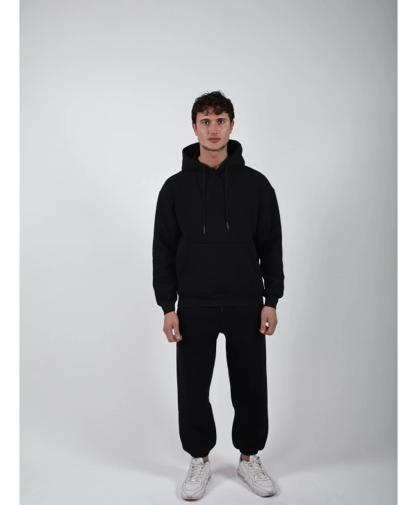 Basic Polarlı Kapşonlu Hoodie (Sweatshirt) Siyah