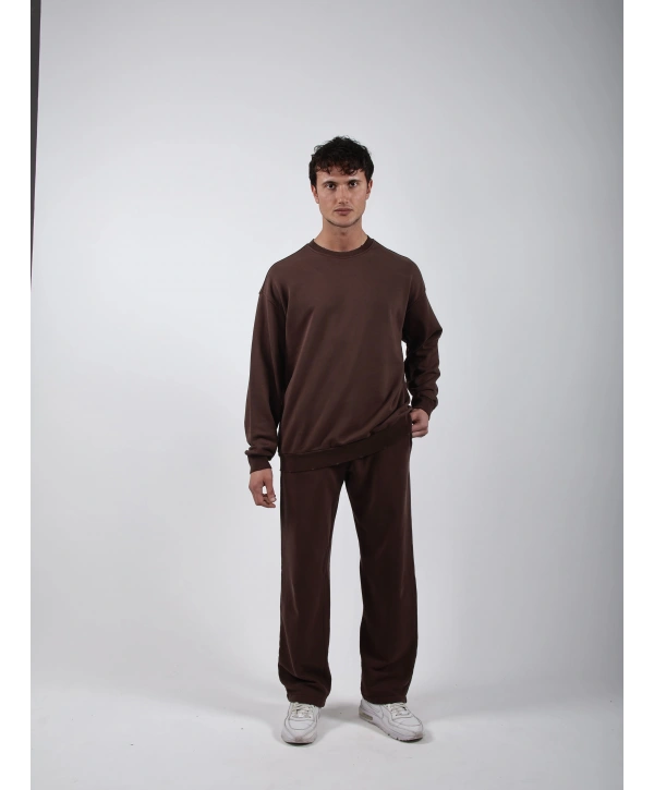 Comfort Basic Sweatshırt Baggy Eşofman Takım Kahve
