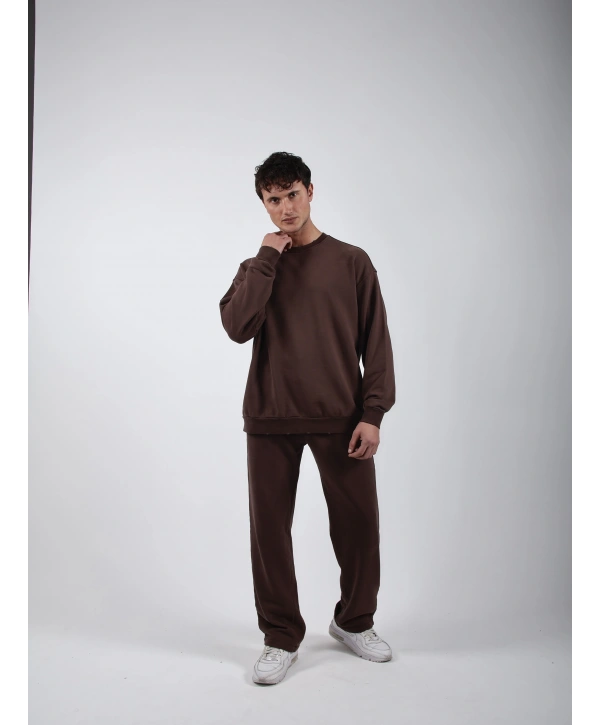 Comfort Basic Sweatshırt Baggy Eşofman Takım Kahve