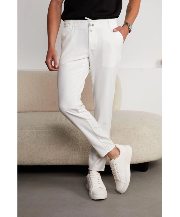 Jogger Doğal Doku Klasik Pantolon Beyaz