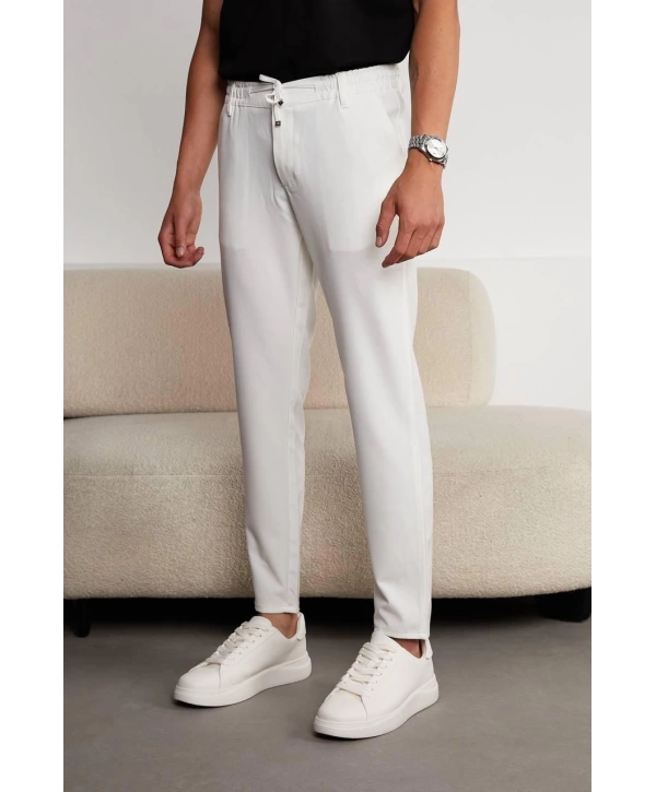 Jogger Doğal Doku Klasik Pantolon Beyaz
