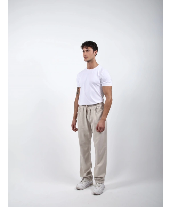 Lastikli Baggy Kot Pantolon Krem