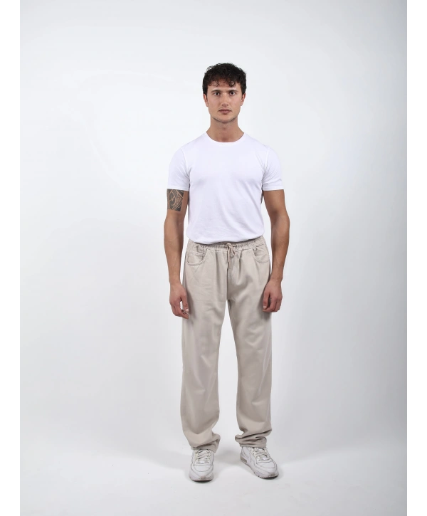 Lastikli Baggy Kot Pantolon Krem