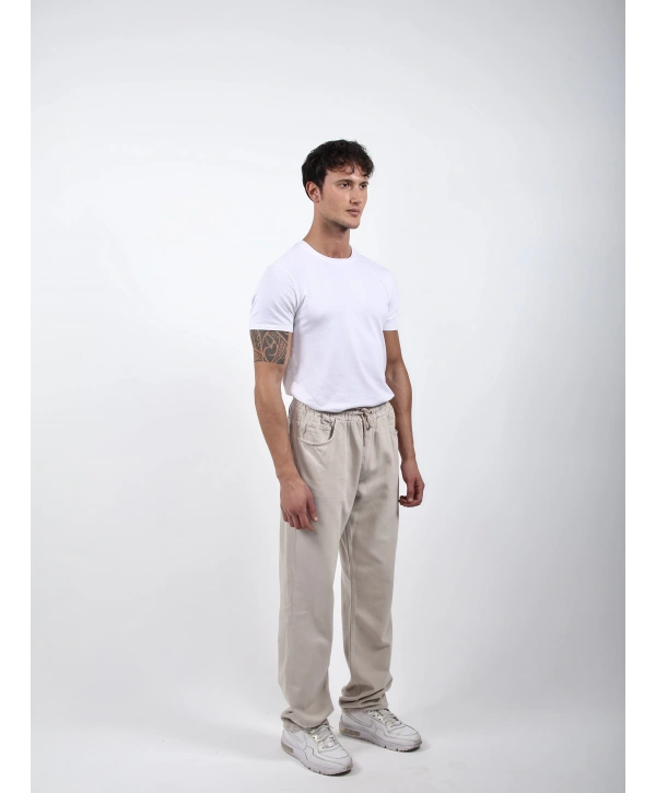 Lastikli Baggy Kot Pantolon Krem