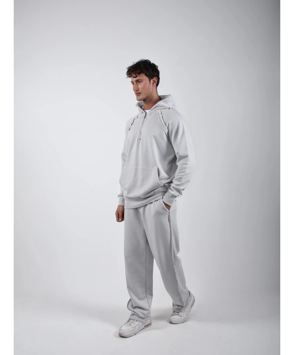 Yarım Fermuar Sweatshirt Bol Paça Baggy Eşofman Takımı Açık Gri