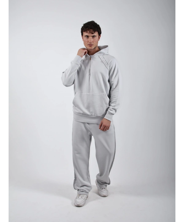 Yarım Fermuar Sweatshirt Bol Paça Baggy Eşofman Takımı Açık Gri