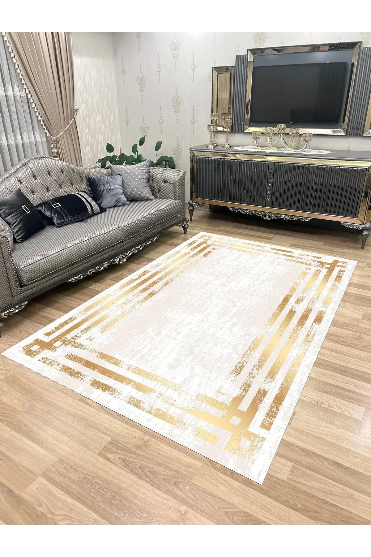 Yıkanabilir Kaymaz Taban Halı Mutfak Dekor Yolluk Koridor Halısı Salon Halısı 1073SİLVERYGOLD