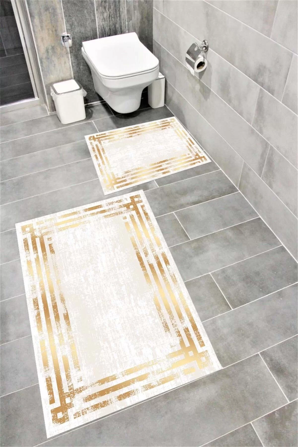 Su Emici Yumuşak Kaymaz Taban Sünger Dolgulu Yıkanabilir Dekoratif Banyo Paspası 1073SİLVERYGOLD