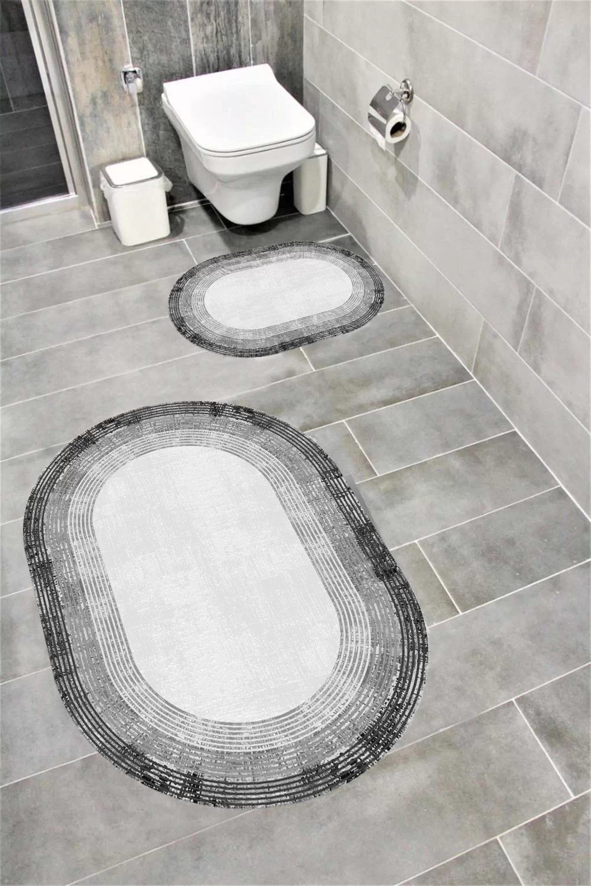 Su Emici Yumuşak Kaymaz Taban Sünger Dolgulu Yıkanabilir Dekoratif Banyo Paspası 1201GRİ OVAL