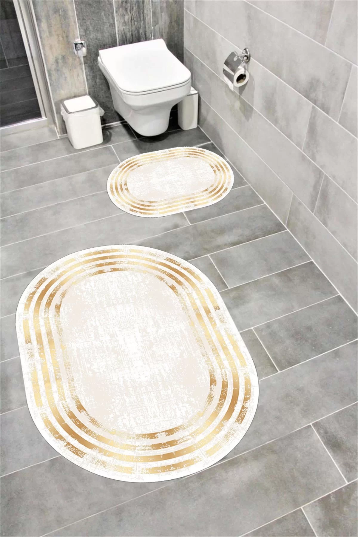 Su Emici Yumuşak Kaymaz Taban Sünger Dolgulu Yıkanabilir Dekoratif Banyo Paspası 1073GOLD OVAL