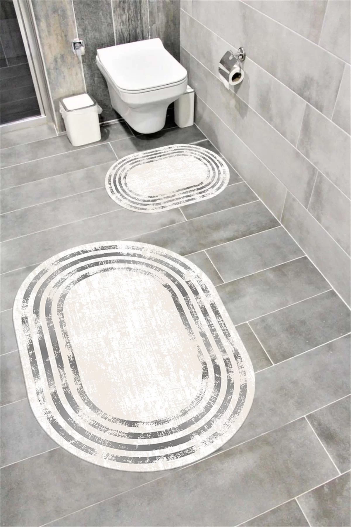 Su Emici Yumuşak Kaymaz Taban Sünger Dolgulu Yıkanabilir Dekoratif Banyo Paspası 1074SİLVERYGRİ OVAL