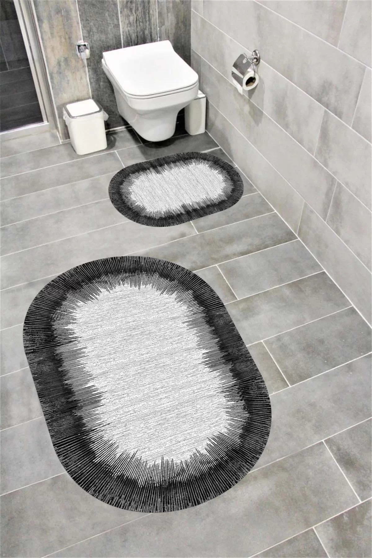 Su Emici Yumuşak Kaymaz Taban Sünger Dolgulu Yıkanabilir Dekoratif Banyo Paspası 1165GRİOVAL