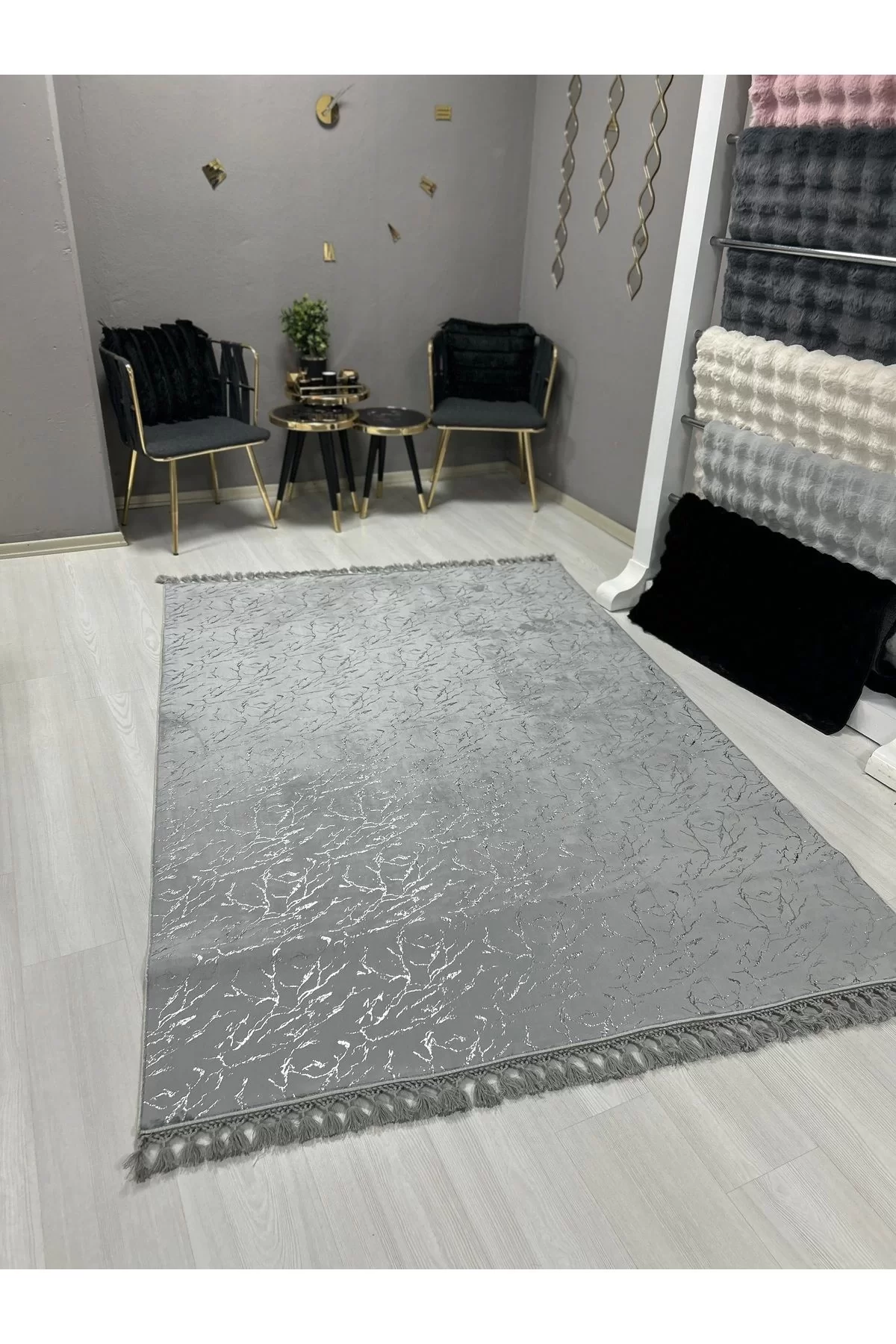 Bambu Yıkanabilir Kaymaz Oturma Odası Salon Mutfak Çocuk Odası Halısı Açık Gri Gümüş Simli Bambu