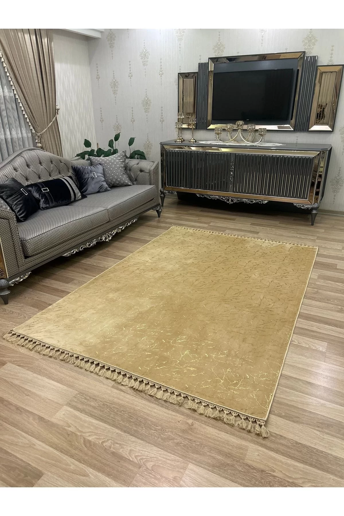 Bambu Yıkanabilir Kaymaz Oturma Odası Salon Mutfak Çocuk Odası Halısı Cappicino Gold Simli