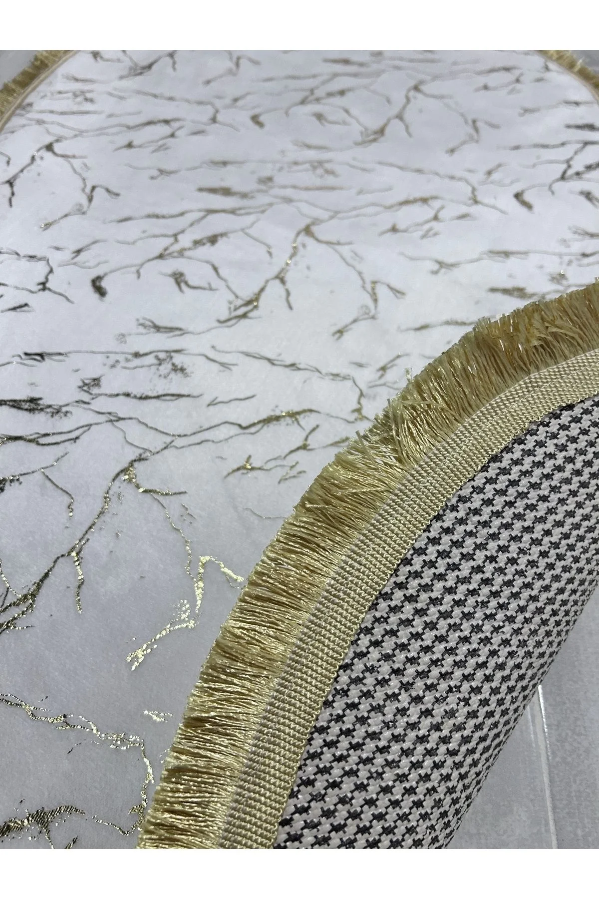 Simli Bambu Kaymaz Deri Taban 2li Set Klozet Beyaz Gold Spor Saçak Banyo Paspas Takımı