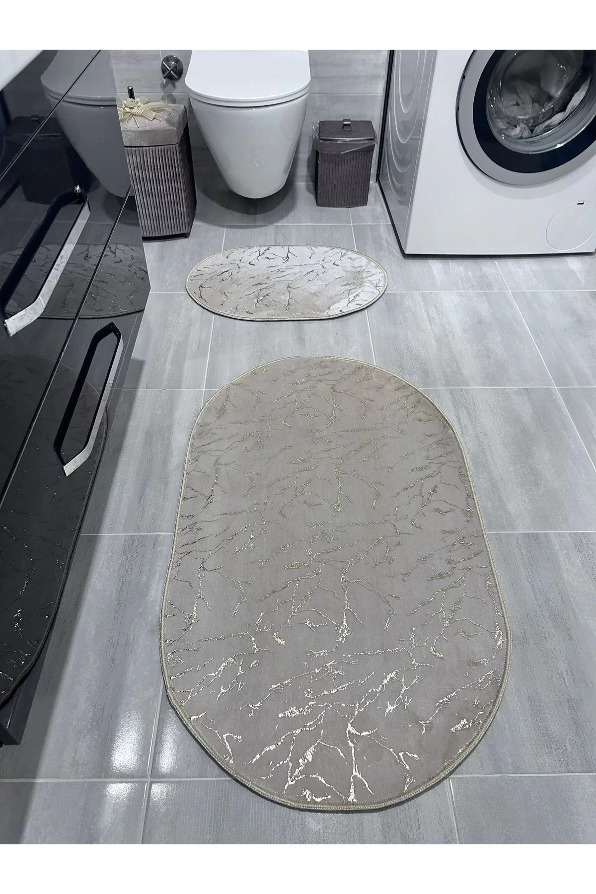 Simli Bambu Kaymaz Deri Taban 2li Set Klozet Krem Gold Banyo Paspas Takımı