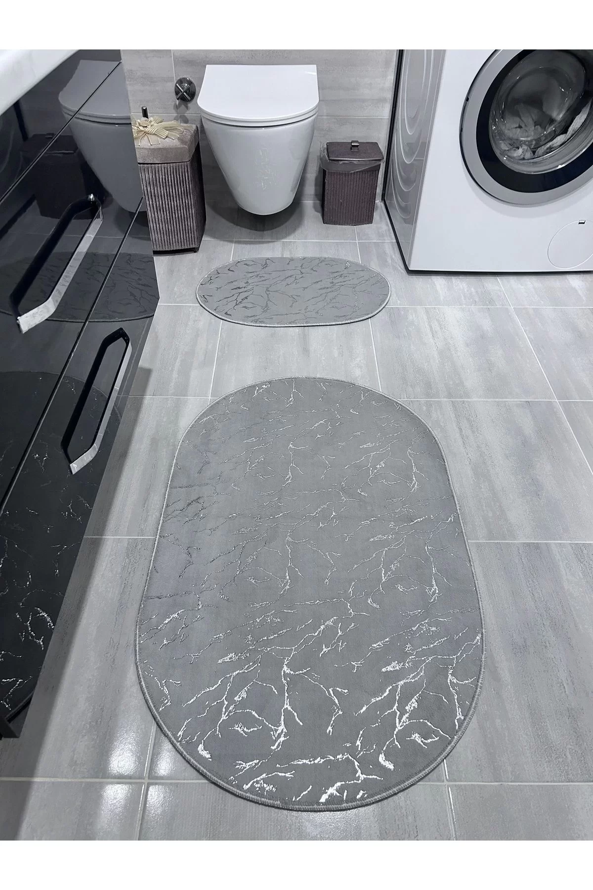 Simli Bambu Kaymaz Deri Taban 2li Set Klozet Gri Gümüş Banyo Paspas Takımı