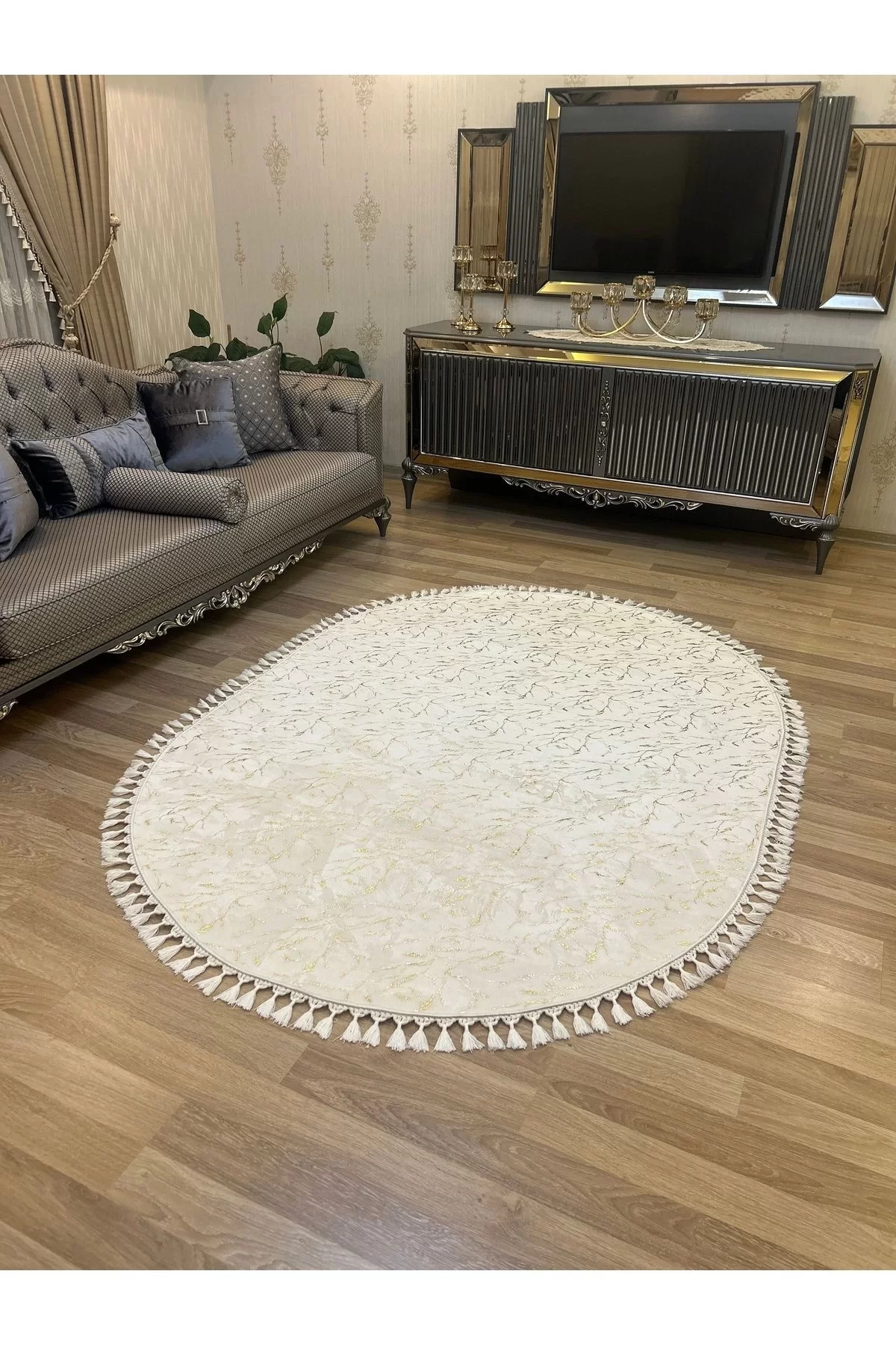 Bambu Yıkanabilir Kaymaz Oturma Odası Salon Mutfak Çocuk Odası Halısı Beyaz Gold Simli Oval