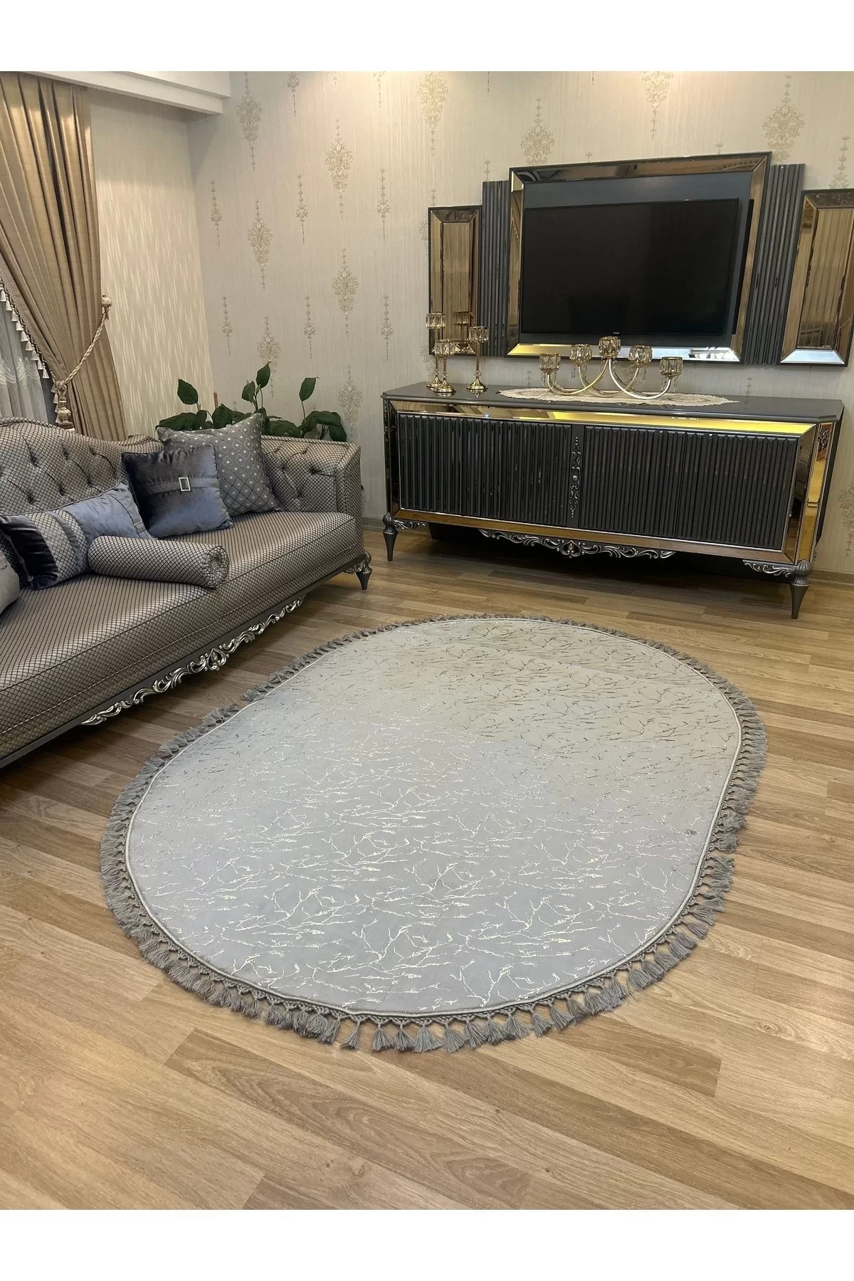 Bambu Yıkanabilir Kaymaz Oturma Odası Salon Mutfak Çocuk Odası Halısı Gri Gümüş Simli Oval