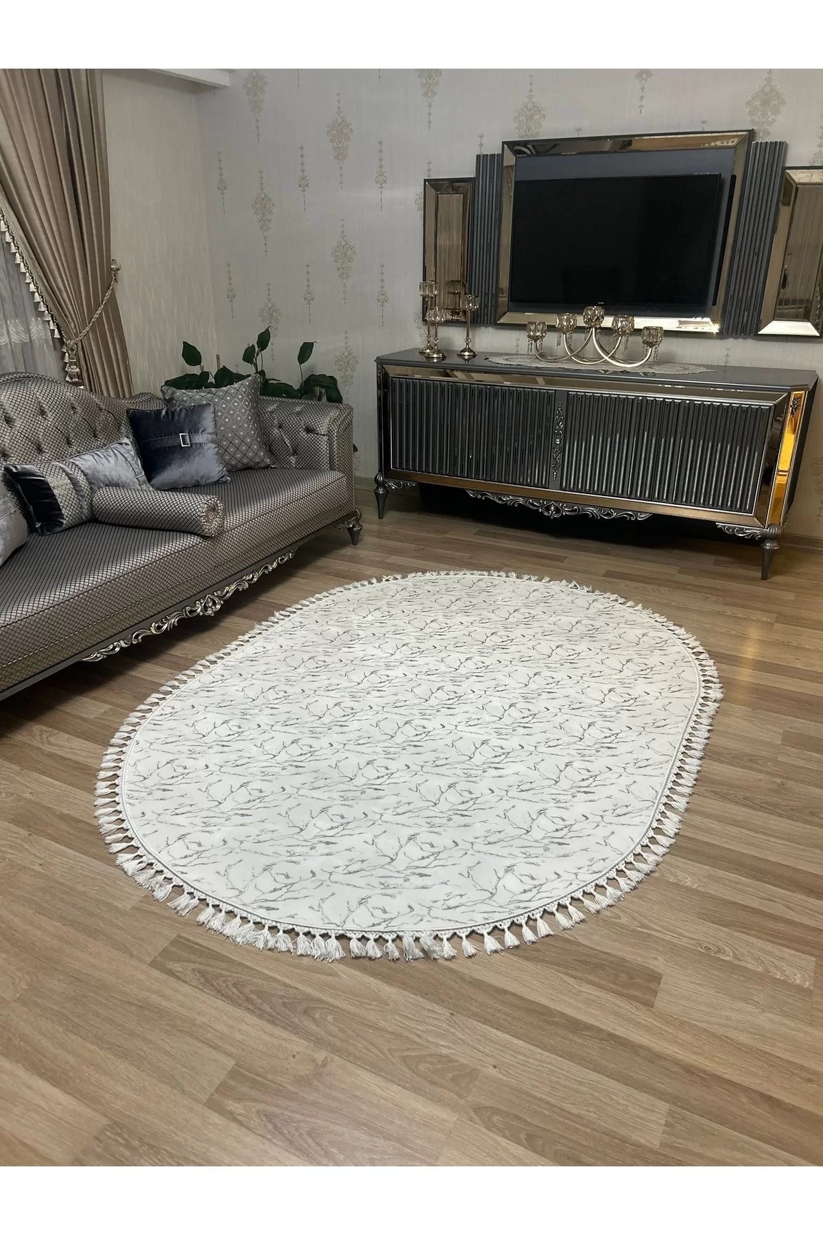 Bambu Yıkanabilir Kaymaz Oturma Odası Salon Mutfak Çocuk Odası Halısı Beyaz Gümüş Simli Oval