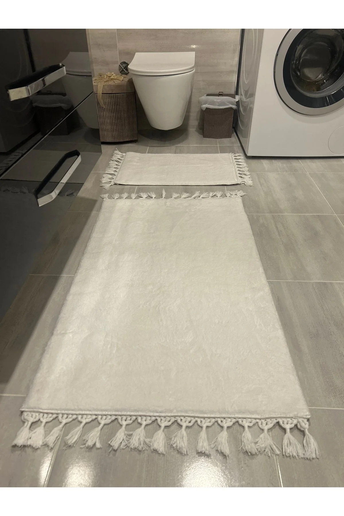 Peluş Puffy Kaymaz Taban Yumuşak Banyo Paspas Takımı Beyaz Dikdörtgen
