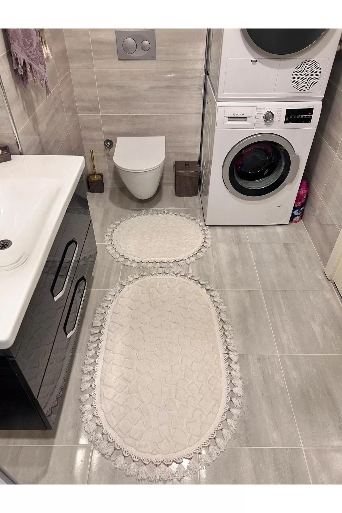 2Lİ İKİLİ BANYO PASPAS SETİ ILICA PUFFY DOKUMA TABAN BANYO PASPASI 40X60-60X100 BEYAZ