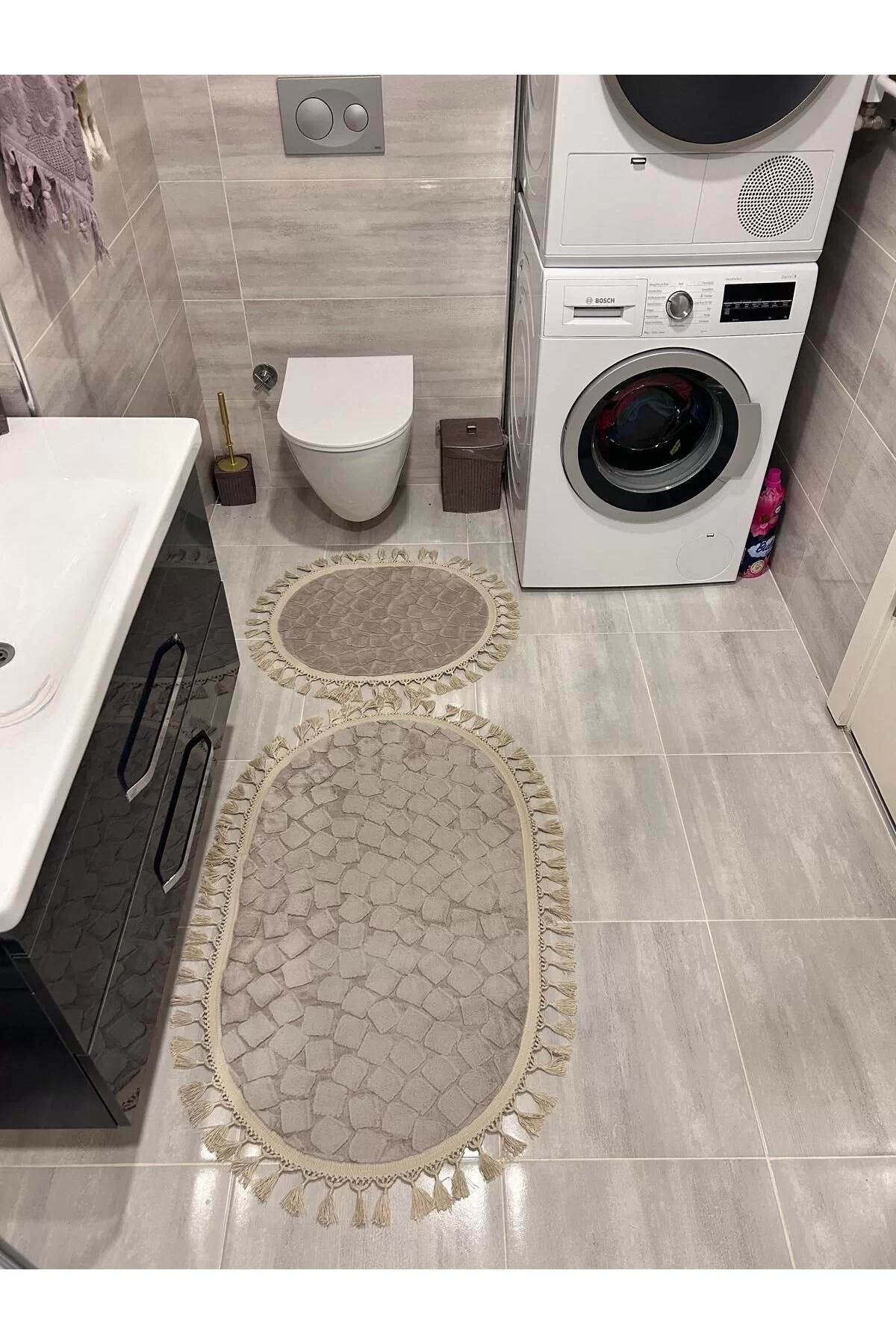 2Lİ İKİLİ BANYO PASPAS SETİ ILICA PUFFY DOKUMA TABAN BANYO PASPASI 40X60-60X100 KREM